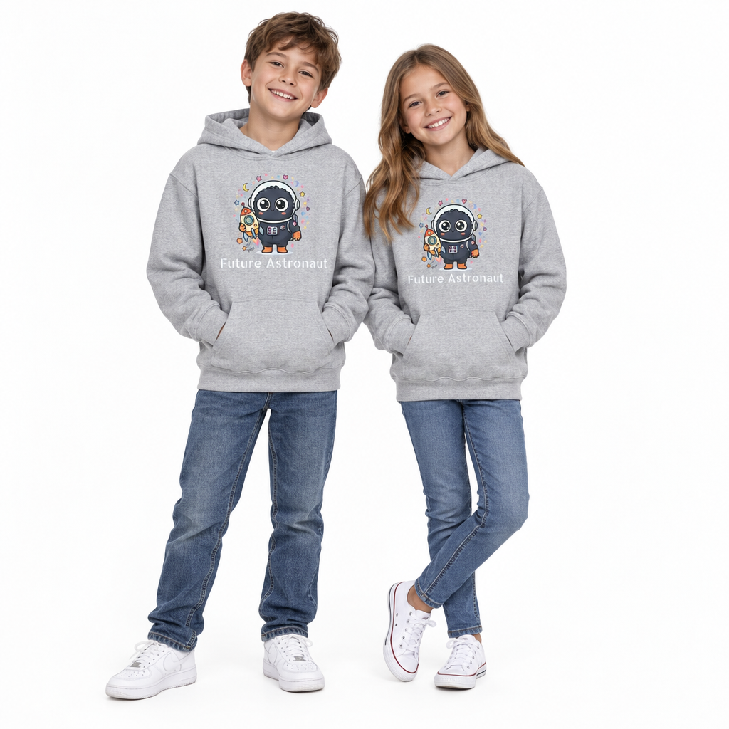 Kids Space Penguin Hoodie — Cute Astronaut Penguin with Rocket Graphic