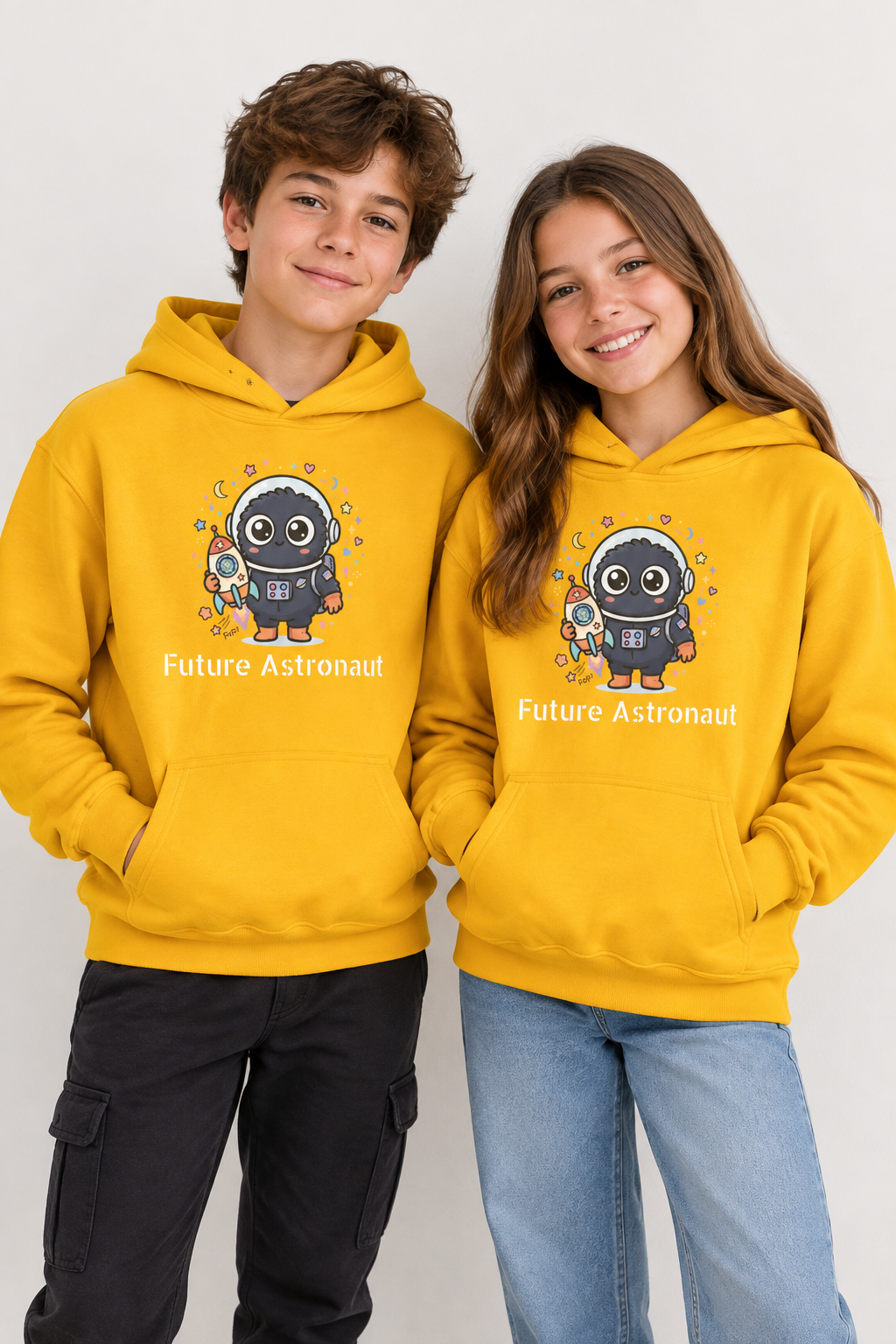 Kids Space Penguin Hoodie — Cute Astronaut Penguin with Rocket Graphic