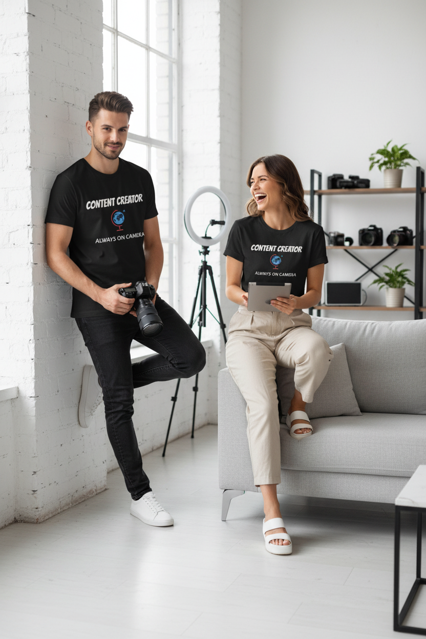 Content Creator Globe T‑Shirt – “Content Creator: Always On Camera” Graphic Tee