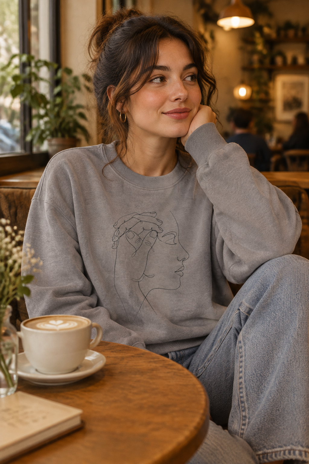 Minimal Line Art Profile Crewneck Sweatshirt — Elegant One-Line Face Design