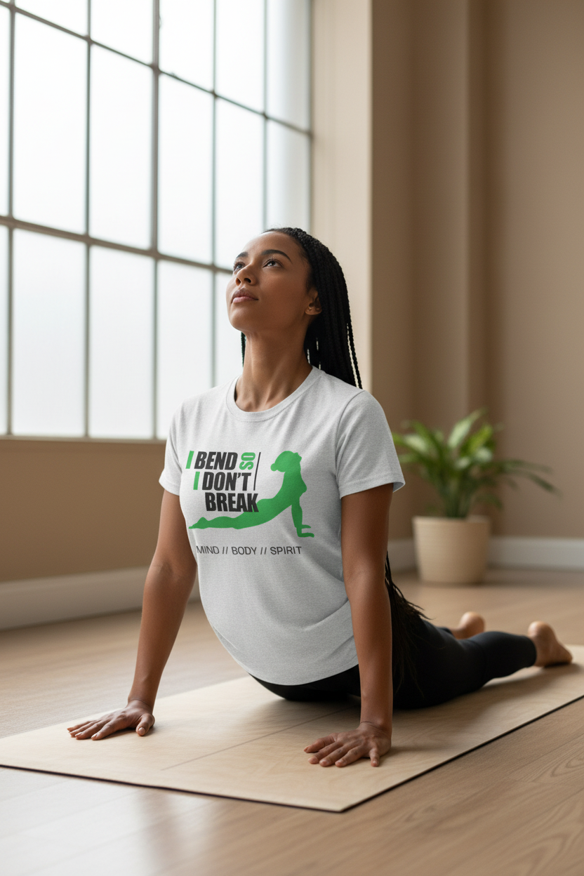 Yoga T-Shirt — “I Bend So I Don’t Break” Mind // Body // Spirit Tee