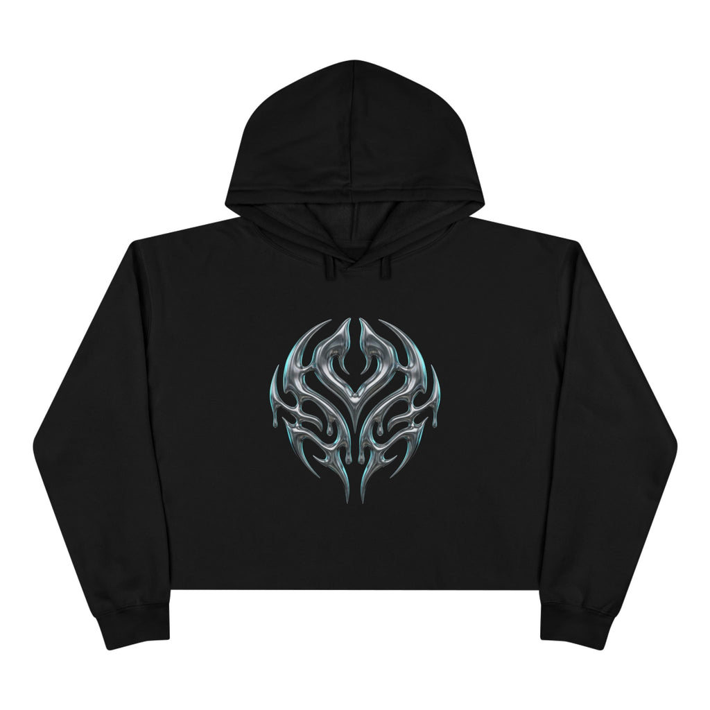 Tribal Glow Crop Hoodie — Silver Blue Tribal Emblem