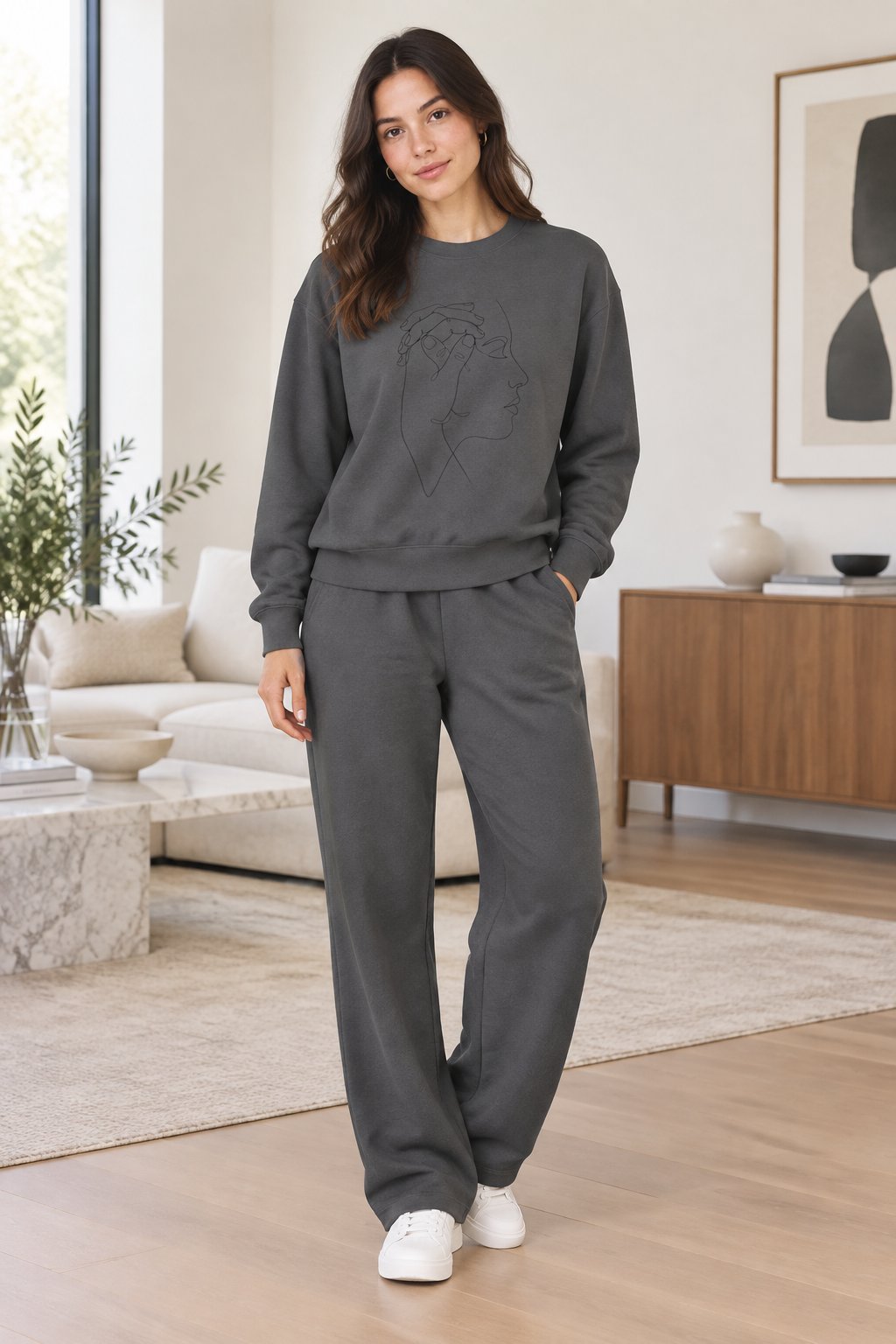 Minimal Line Art Profile Crewneck Sweatshirt — Elegant One-Line Face Design