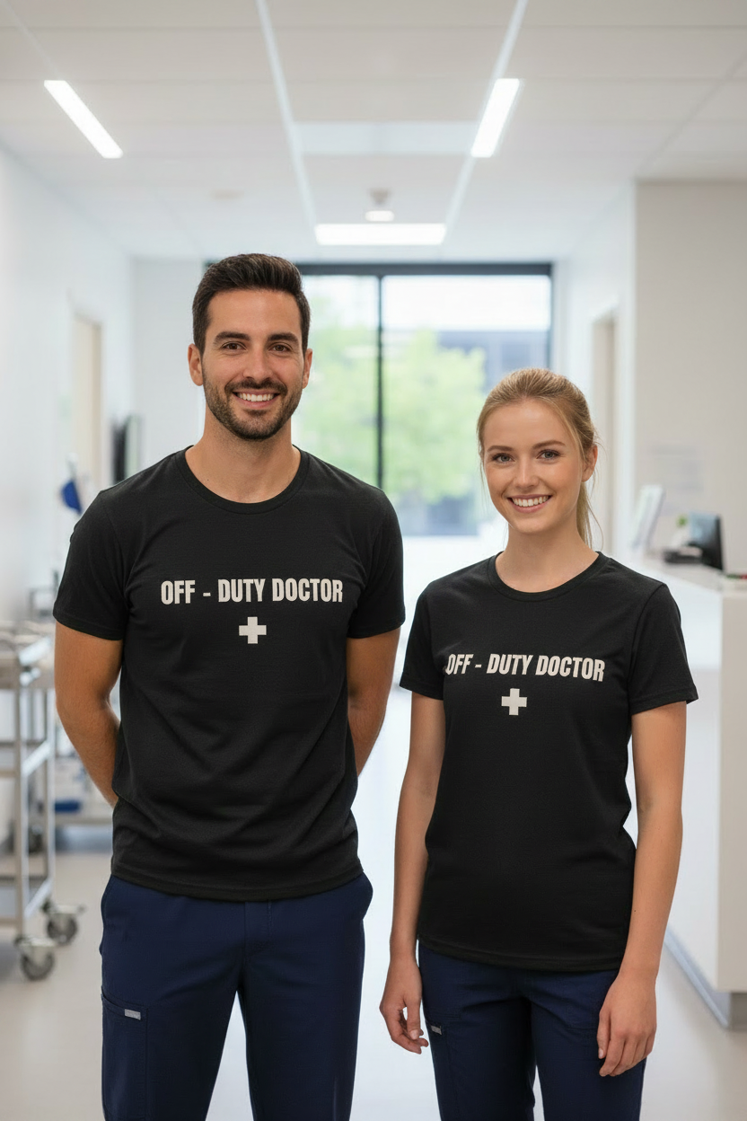 Off-Duty Doctor T-Shirt – Medical Humor Tee with Cross Logo