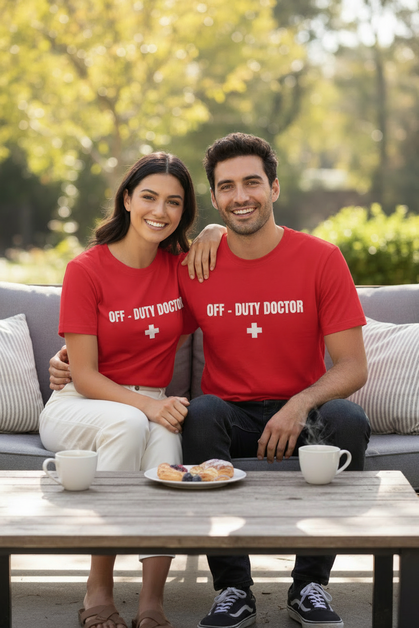 Off-Duty Doctor T-Shirt – Medical Humor Tee with Cross Logo
