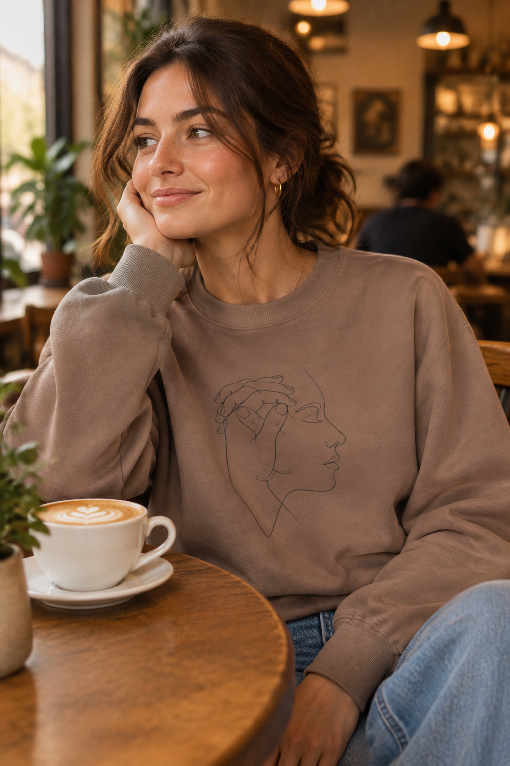 Minimal Line Art Profile Crewneck Sweatshirt — Elegant One-Line Face Design