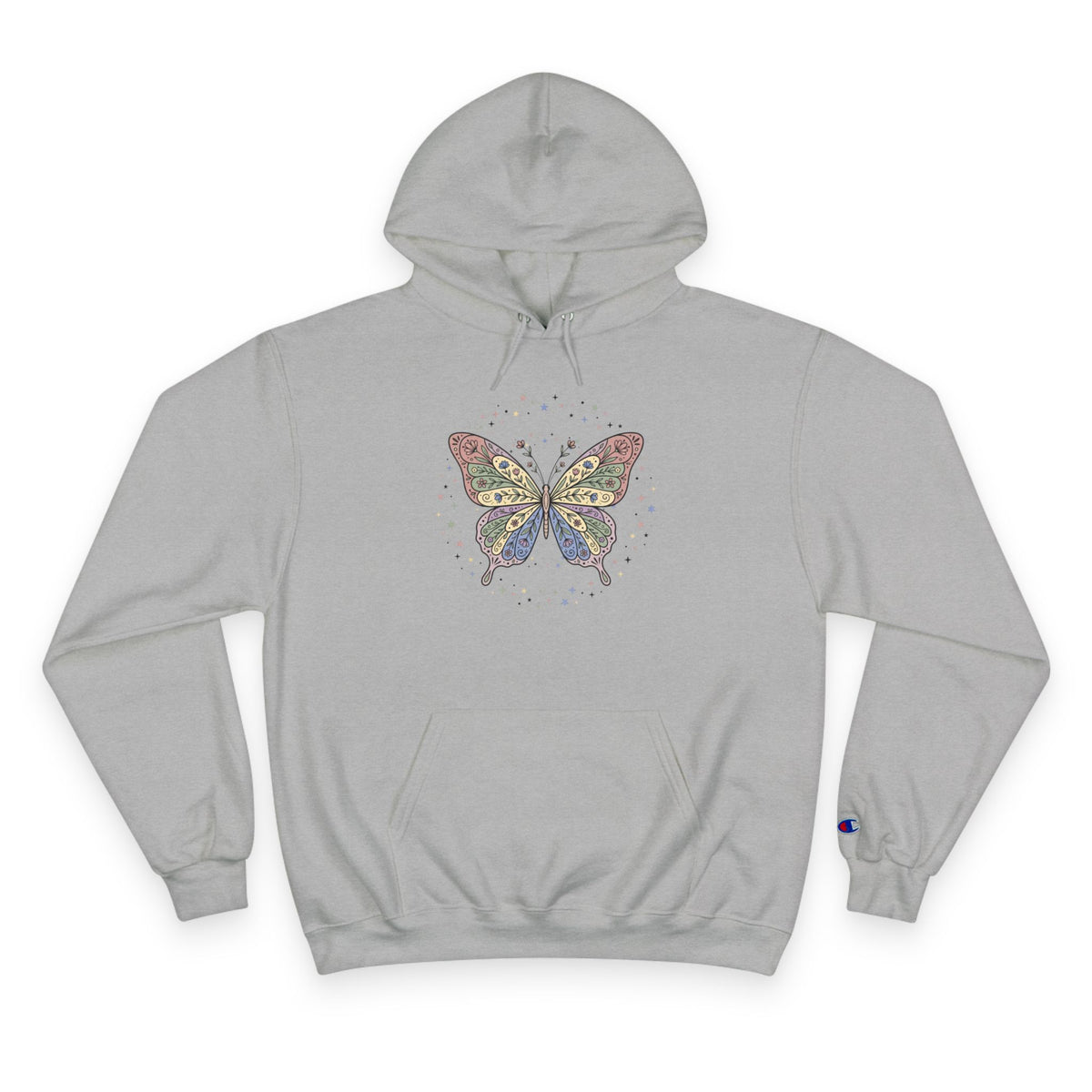 White Champion Hoodie with Colorful Butterfly Graphic — Vintage Floral Butterly Pullover