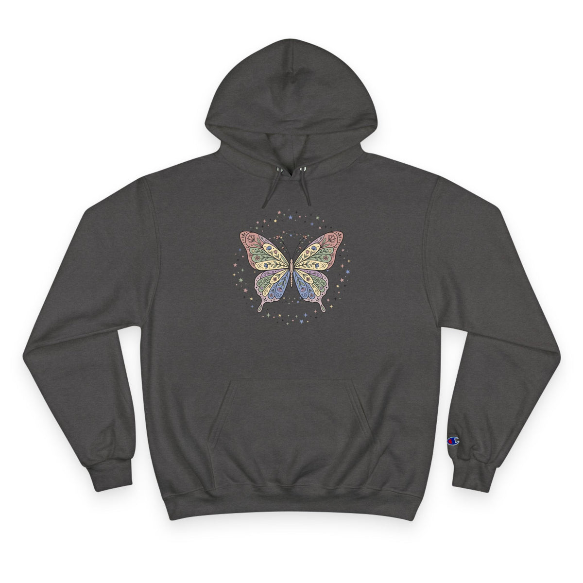 White Champion Hoodie with Colorful Butterfly Graphic — Vintage Floral Butterly Pullover