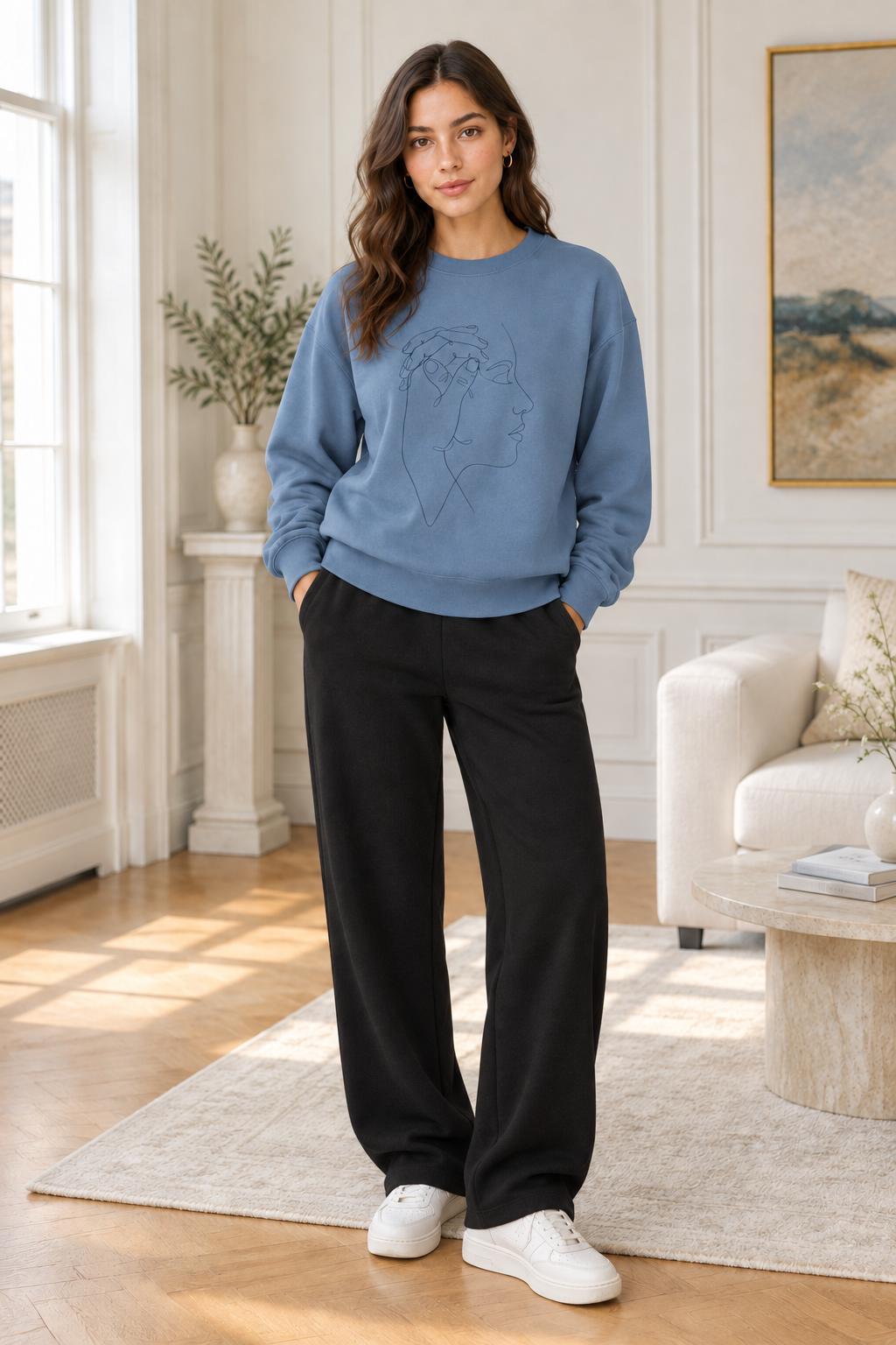 Minimal Line Art Profile Crewneck Sweatshirt — Elegant One-Line Face Design
