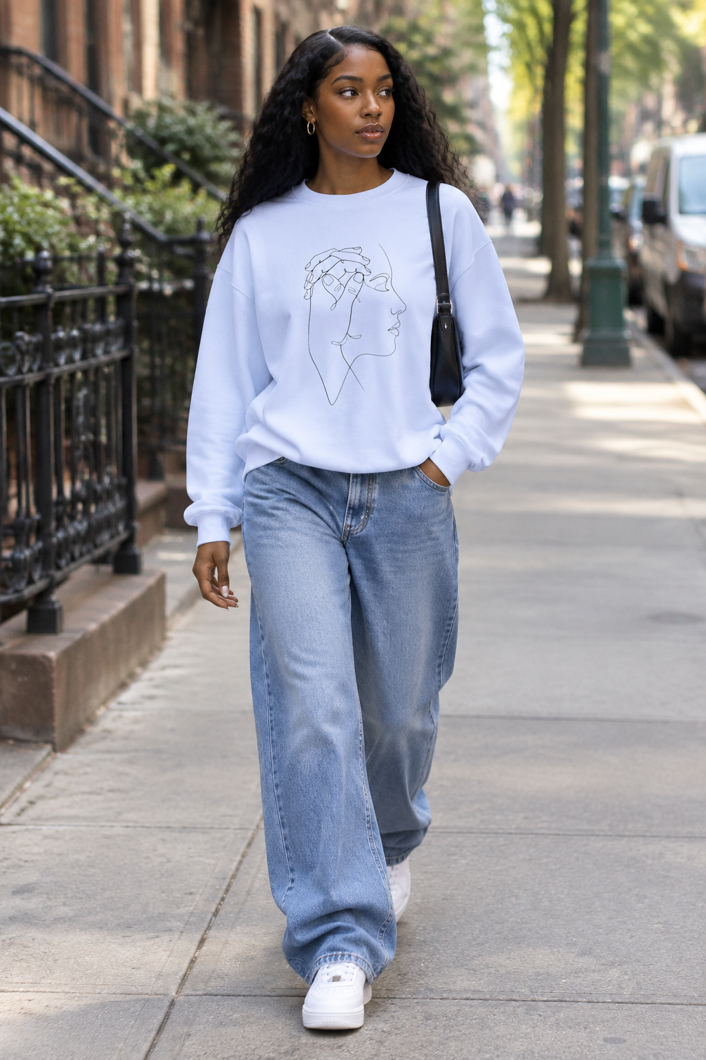 Minimal Line Art Profile Crewneck Sweatshirt — Elegant One-Line Face Design