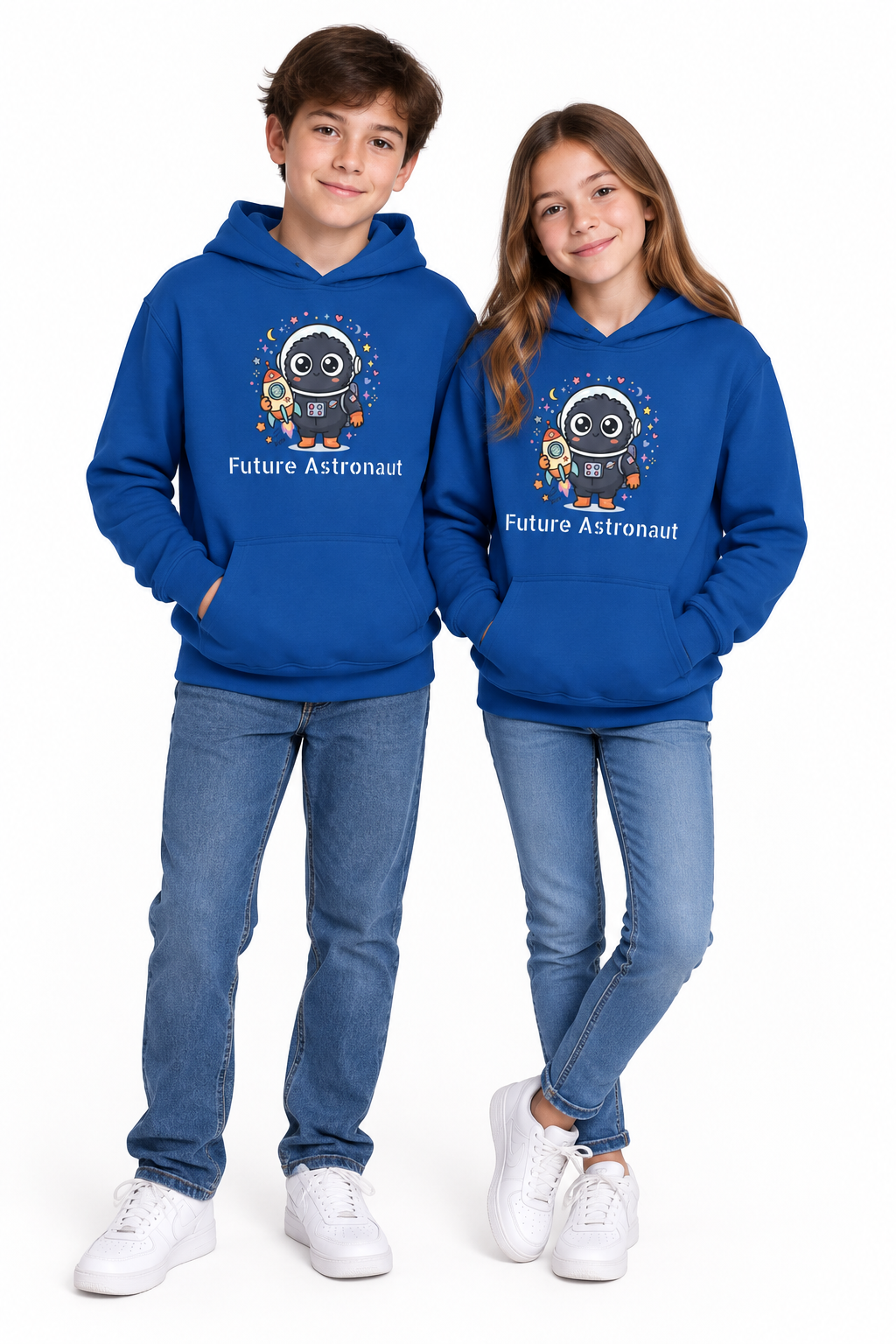 Kids Space Penguin Hoodie — Cute Astronaut Penguin with Rocket Graphic