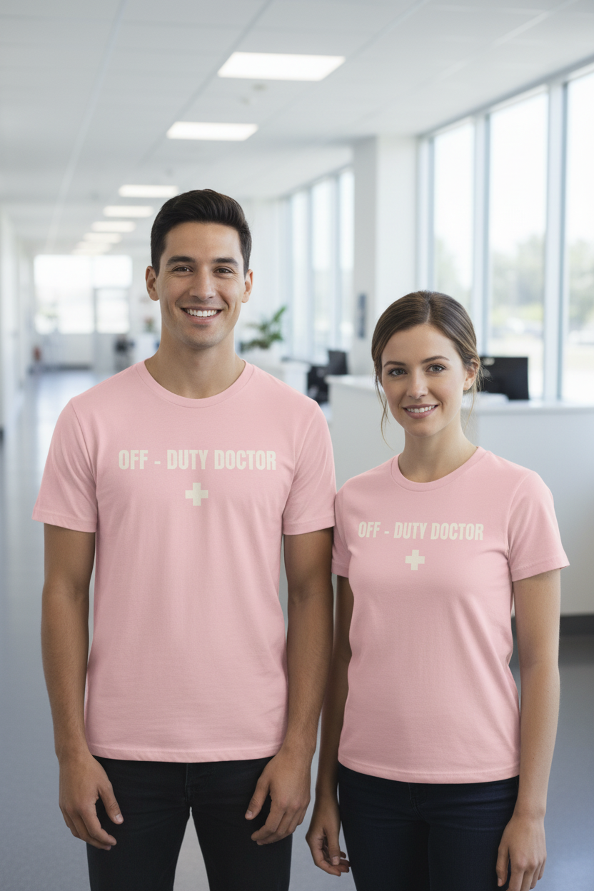 Off-Duty Doctor T-Shirt – Medical Humor Tee with Cross Logo