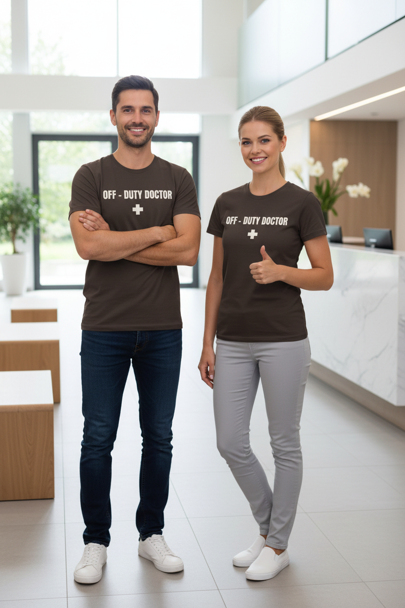 Off-Duty Doctor T-Shirt – Medical Humor Tee with Cross Logo