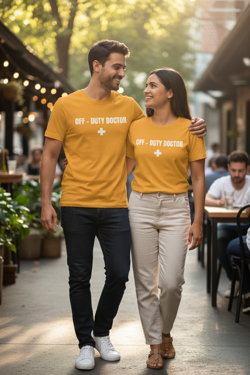 Off-Duty Doctor T-Shirt – Medical Humor Tee with Cross Logo