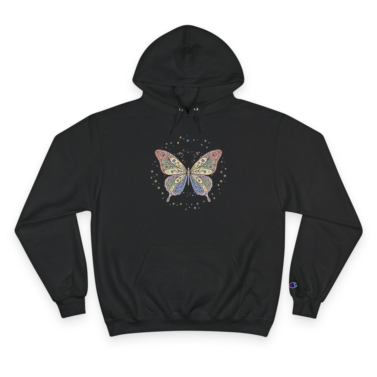 White Champion Hoodie with Colorful Butterfly Graphic — Vintage Floral Butterly Pullover