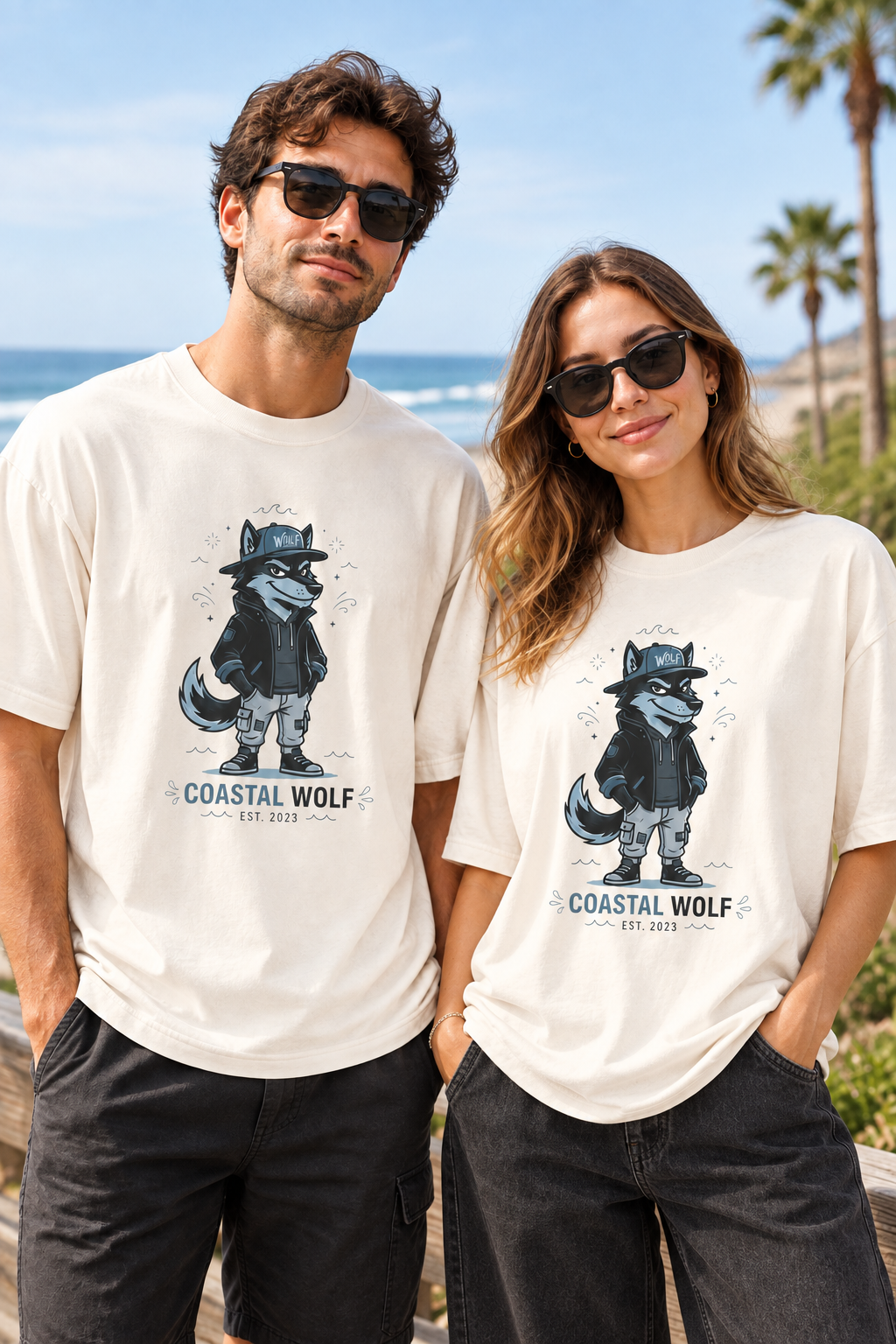 Coastal Wolf Graphic Tee — "Coastal Wolf" Casual Oversized T-Shirt