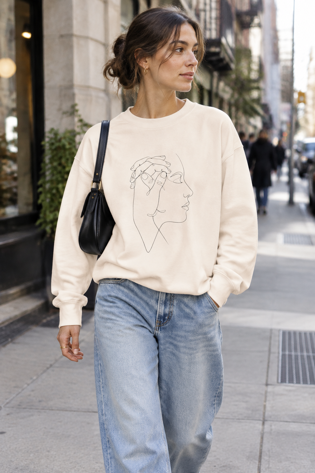 Minimal Line Art Profile Crewneck Sweatshirt — Elegant One-Line Face Design