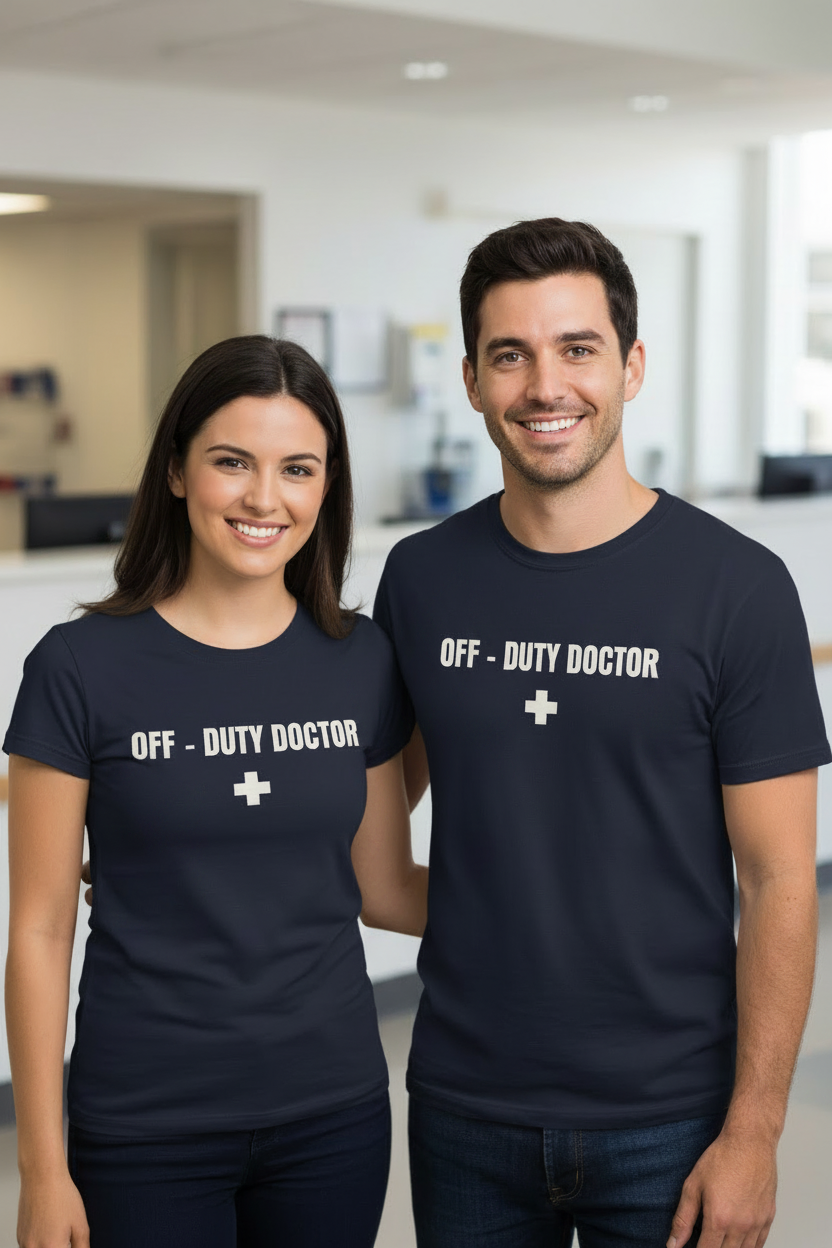 Off-Duty Doctor T-Shirt – Medical Humor Tee with Cross Logo