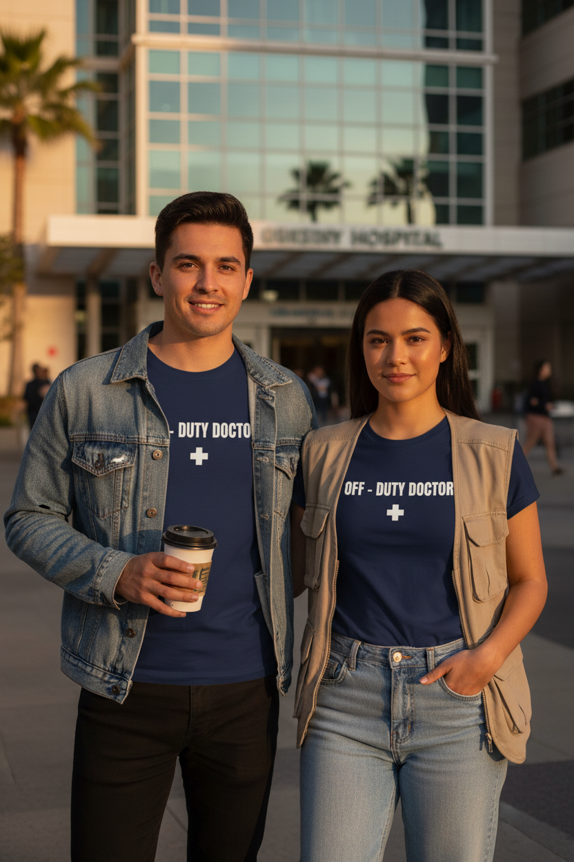 Off-Duty Doctor T-Shirt – Medical Humor Tee with Cross Logo