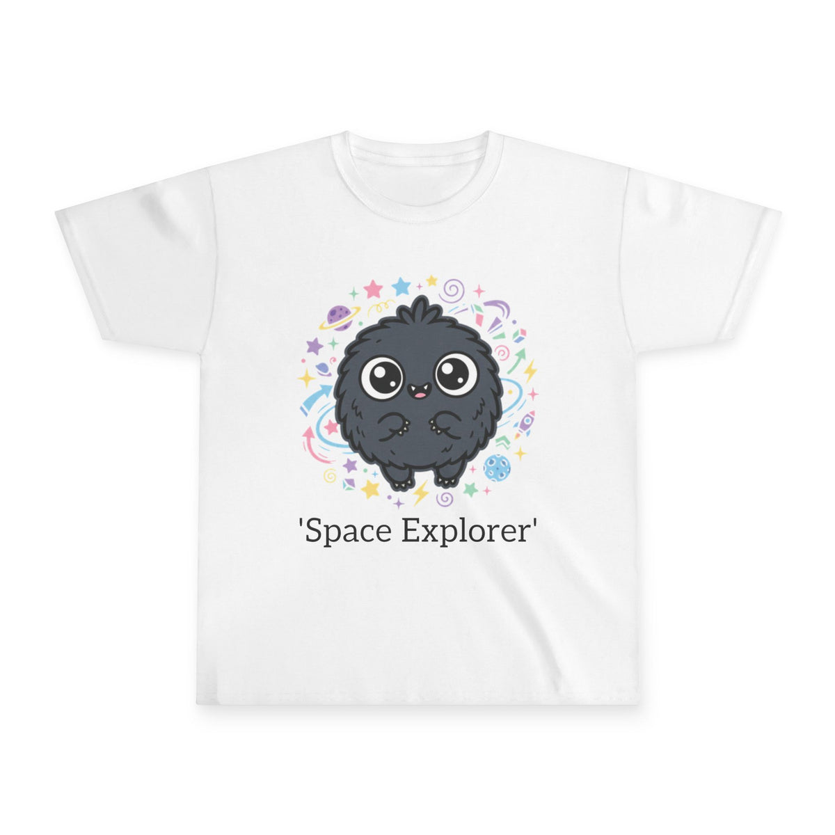 Youth Tee — Cute 'Space Explorer' Black Fluffy Alien Graphic