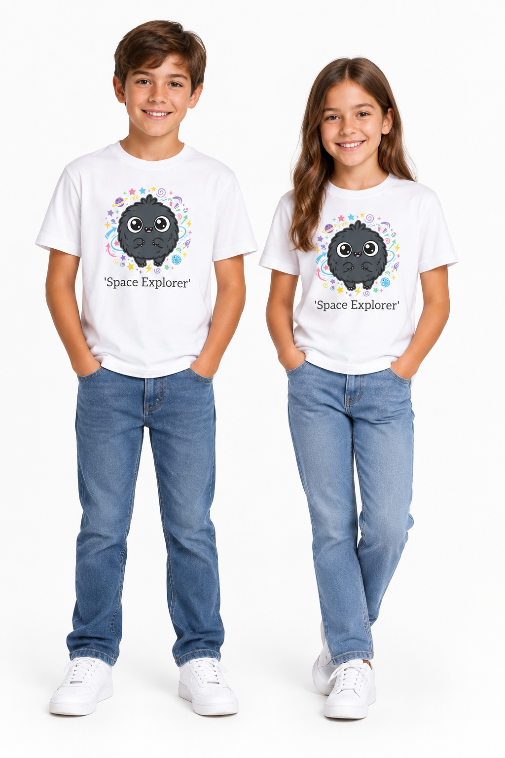 Youth Tee — Cute 'Space Explorer' Black Fluffy Alien Graphic