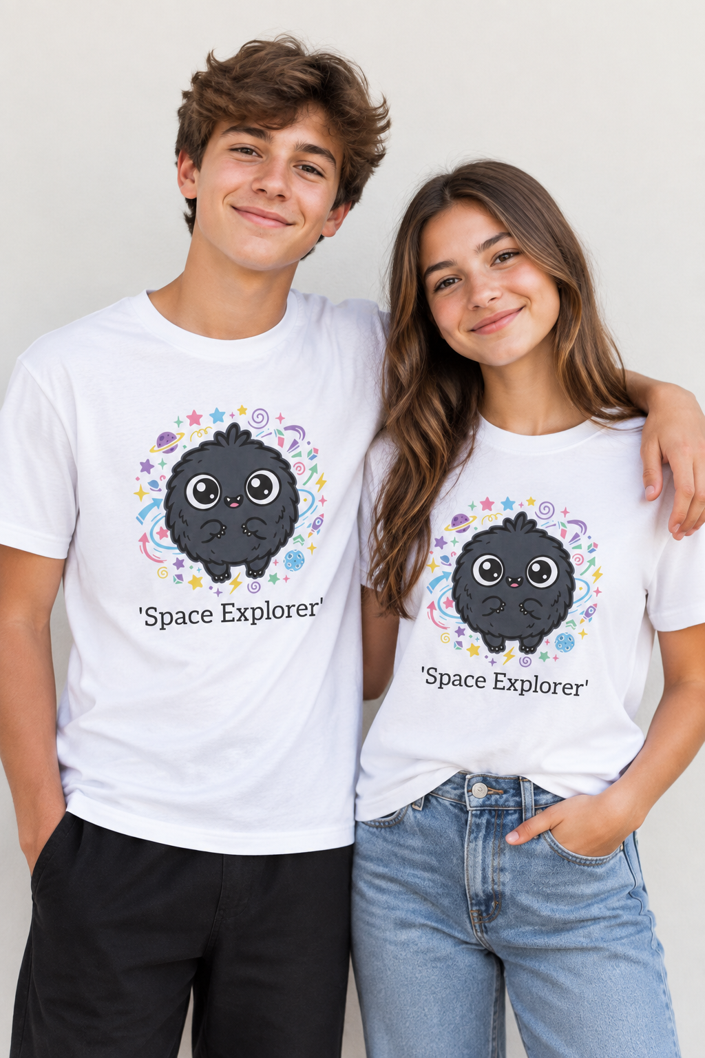 Youth Tee — Cute 'Space Explorer' Black Fluffy Alien Graphic