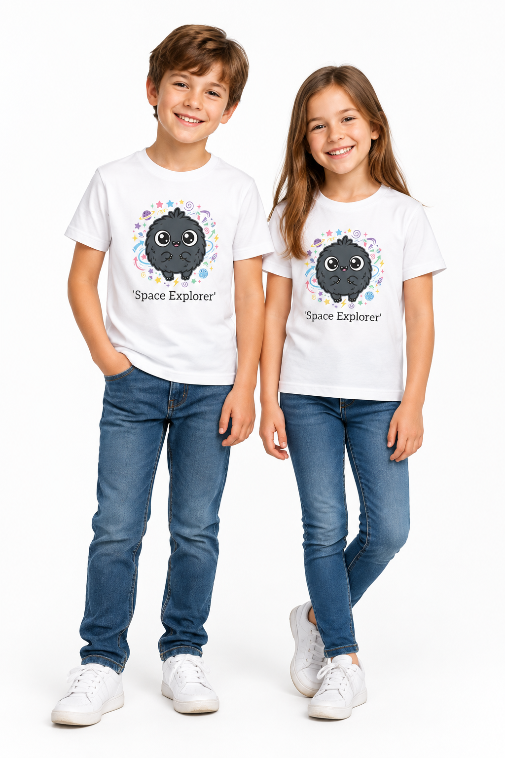 Youth Tee — Cute 'Space Explorer' Black Fluffy Alien Graphic