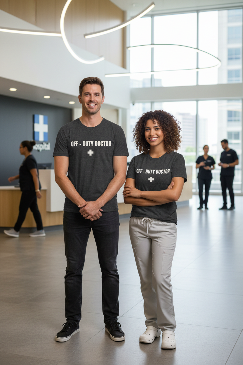 Off-Duty Doctor T-Shirt – Medical Humor Tee with Cross Logo