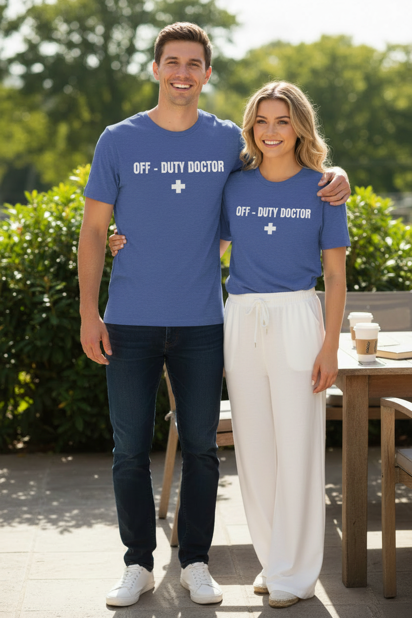 Off-Duty Doctor T-Shirt – Medical Humor Tee with Cross Logo