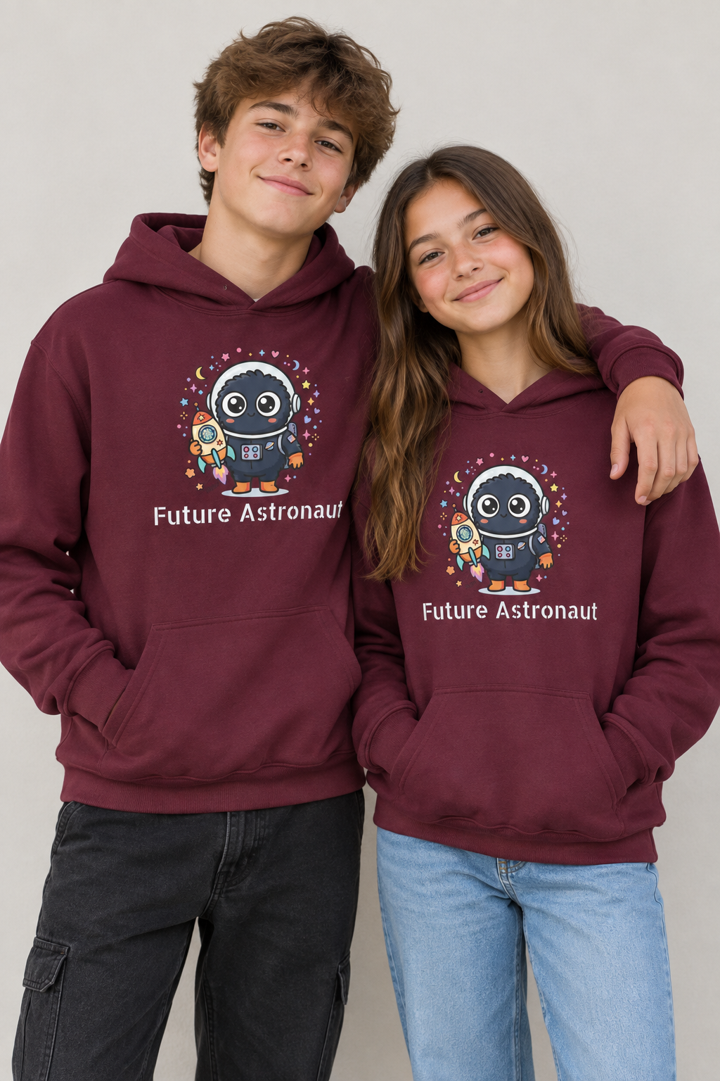 Kids Space Penguin Hoodie — Cute Astronaut Penguin with Rocket Graphic