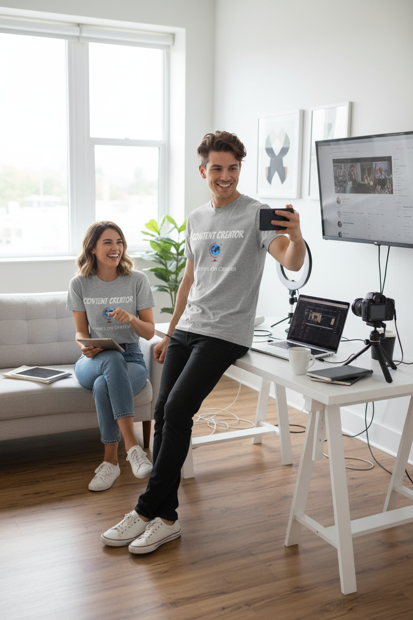 Content Creator Globe T‑Shirt – “Content Creator: Always On Camera” Graphic Tee