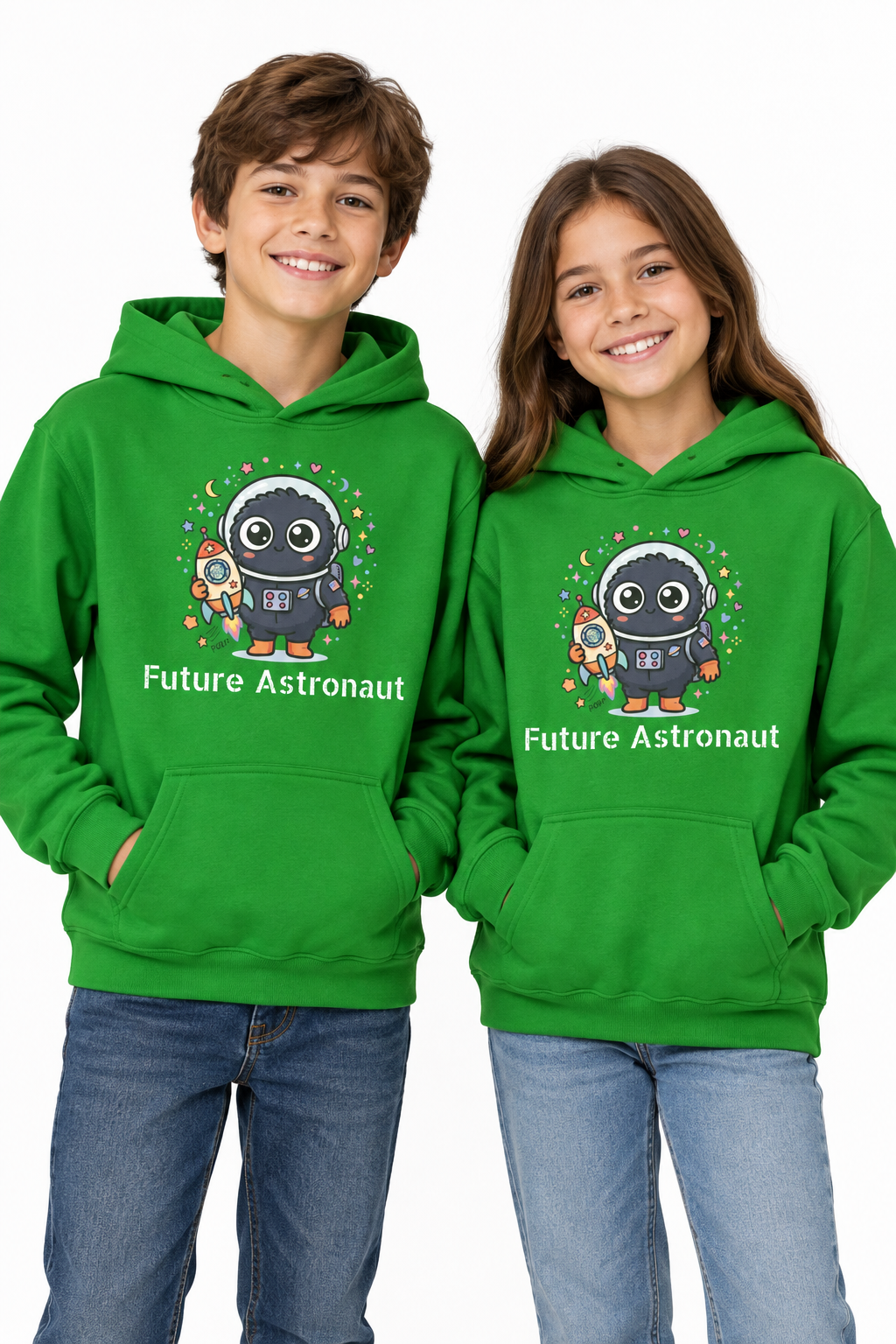 Kids Space Penguin Hoodie — Cute Astronaut Penguin with Rocket Graphic
