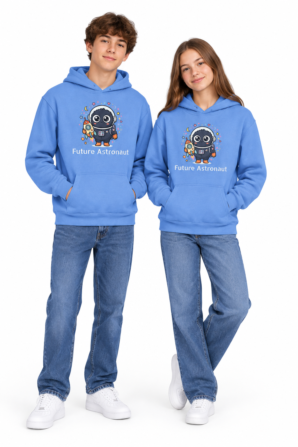Kids Space Penguin Hoodie — Cute Astronaut Penguin with Rocket Graphic