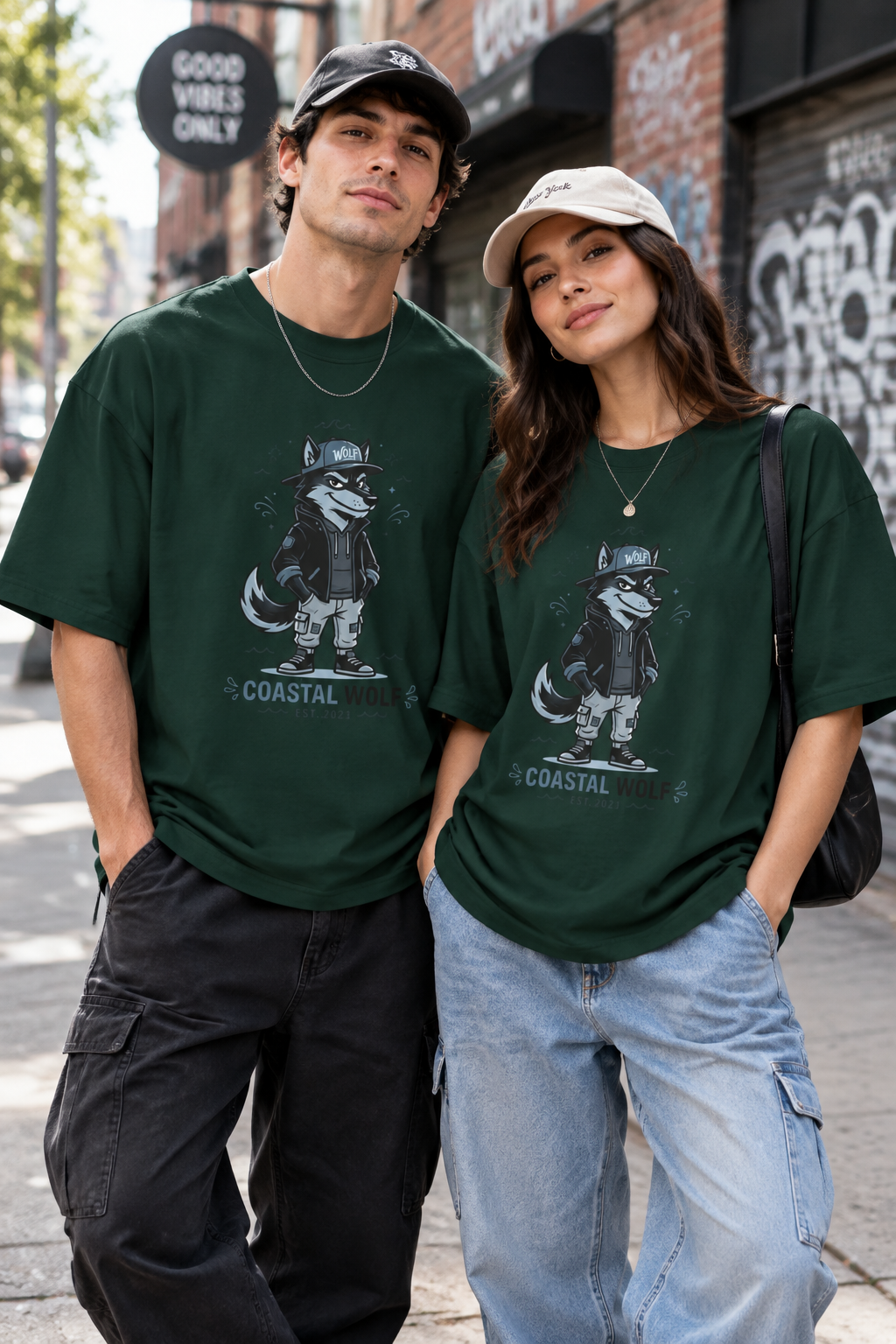 Coastal Wolf Graphic Tee — "Coastal Wolf" Casual Oversized T-Shirt