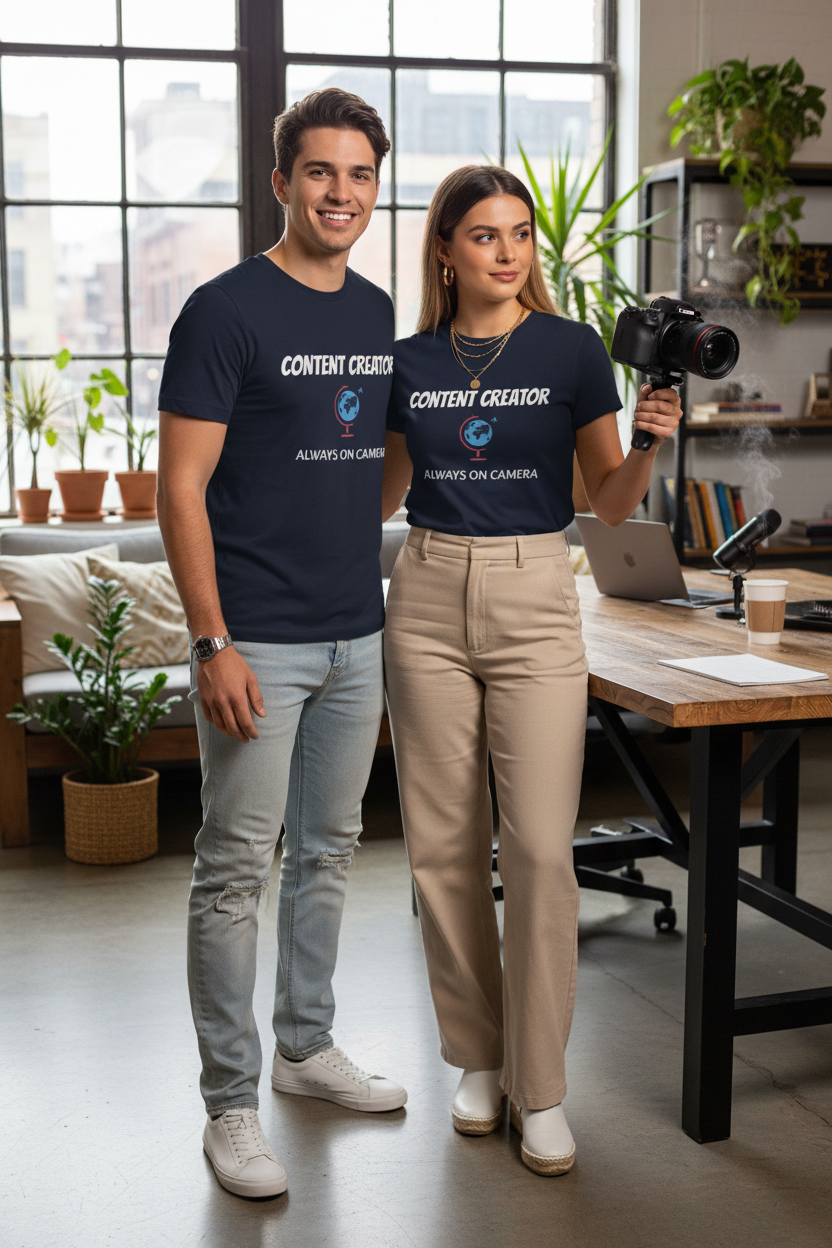 Content Creator Globe T‑Shirt – “Content Creator: Always On Camera” Graphic Tee
