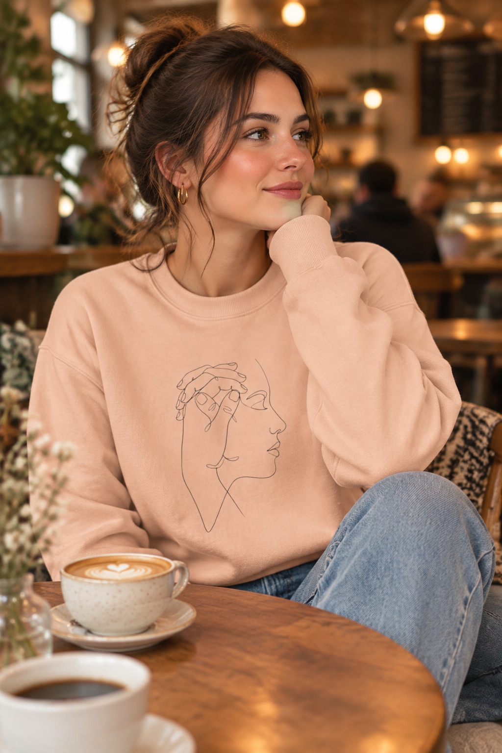 Minimal Line Art Profile Crewneck Sweatshirt — Elegant One-Line Face Design