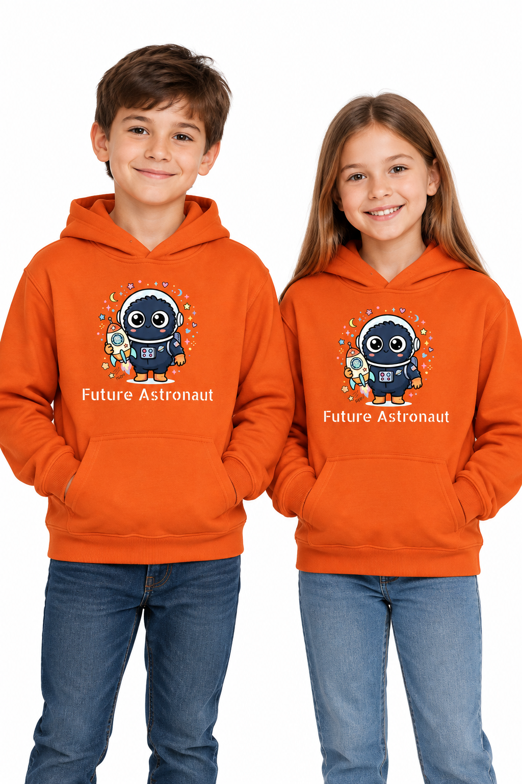Kids Space Penguin Hoodie — Cute Astronaut Penguin with Rocket Graphic