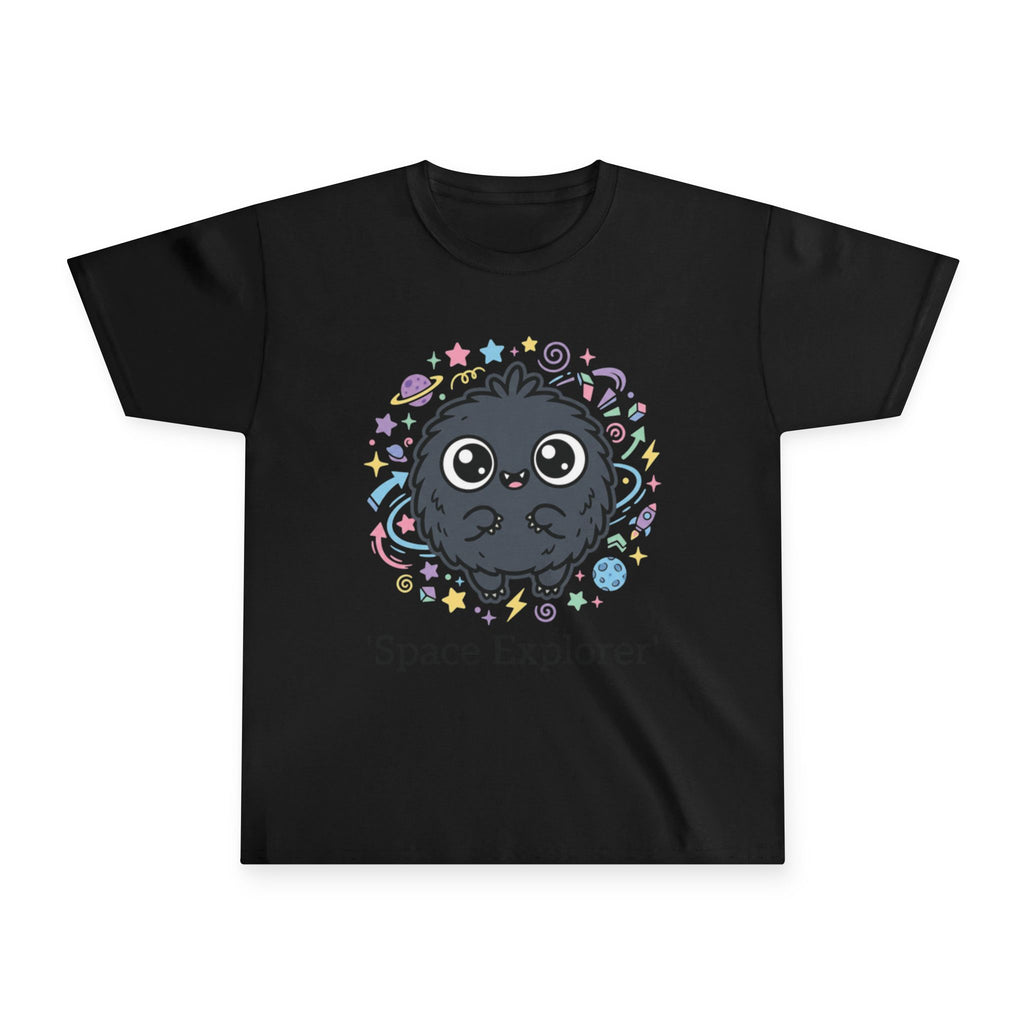 Youth Tee — Cute 'Space Explorer' Black Fluffy Alien Graphic
