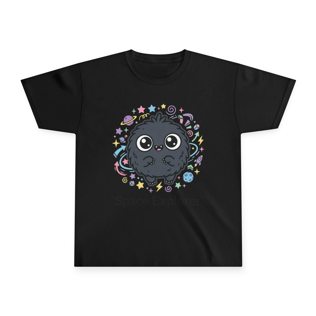 Youth Tee — Cute 'Space Explorer' Black Fluffy Alien Graphic