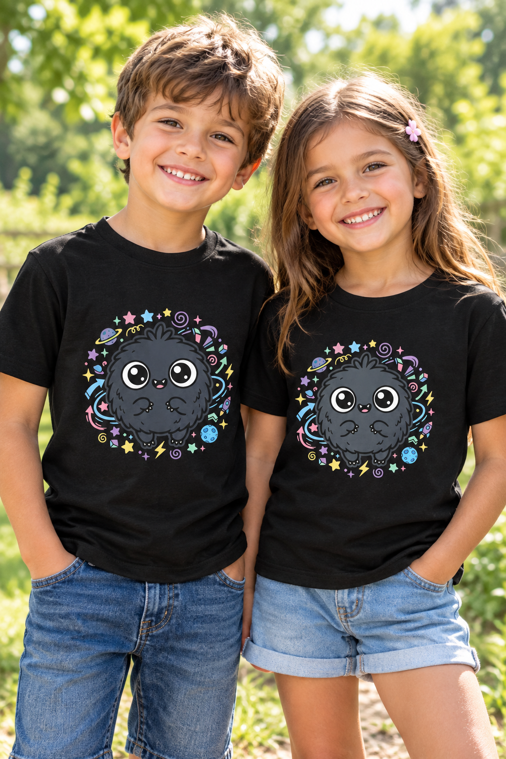 Youth Tee — Cute 'Space Explorer' Black Fluffy Alien Graphic