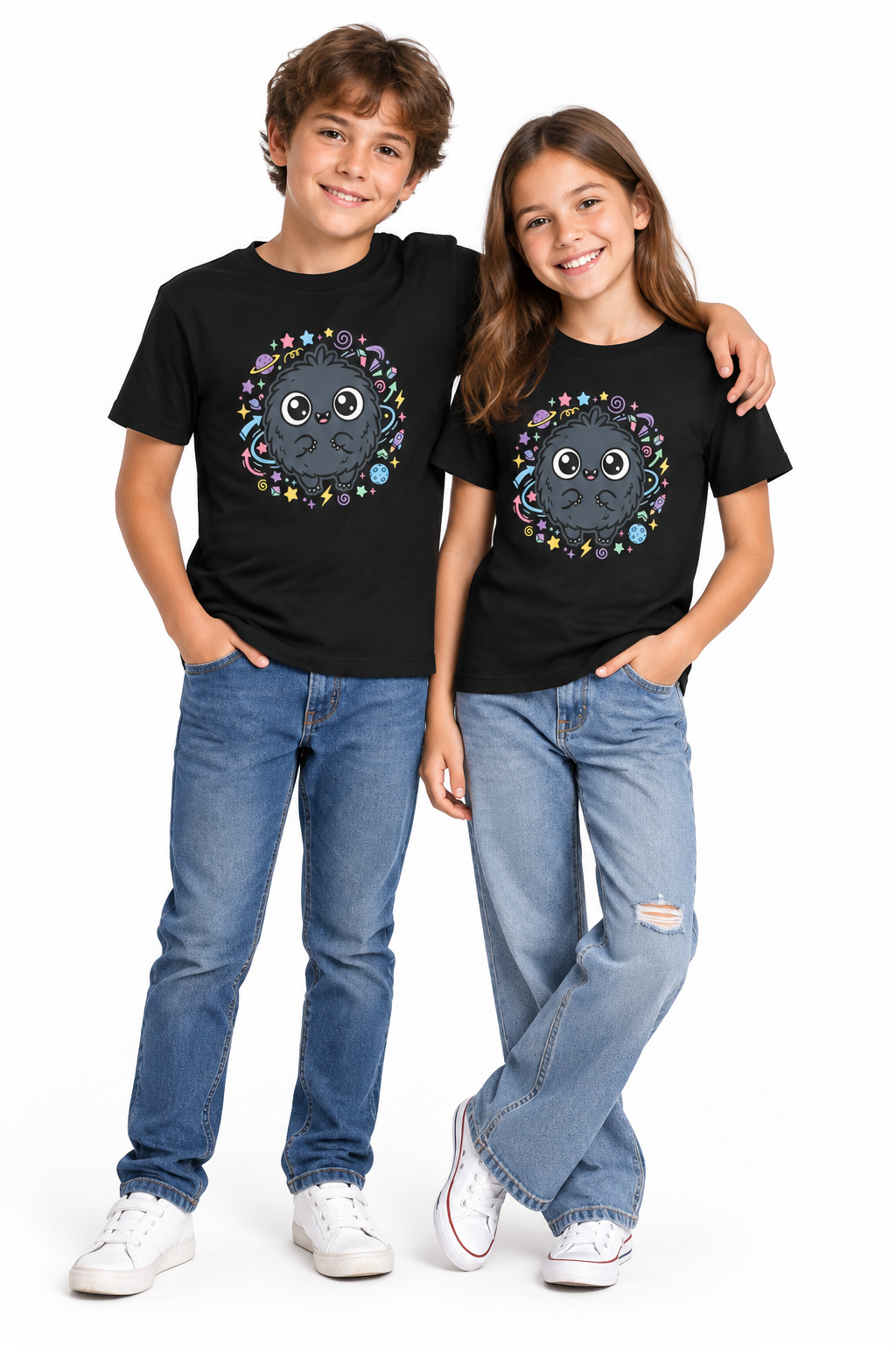 Youth Tee — Cute 'Space Explorer' Black Fluffy Alien Graphic