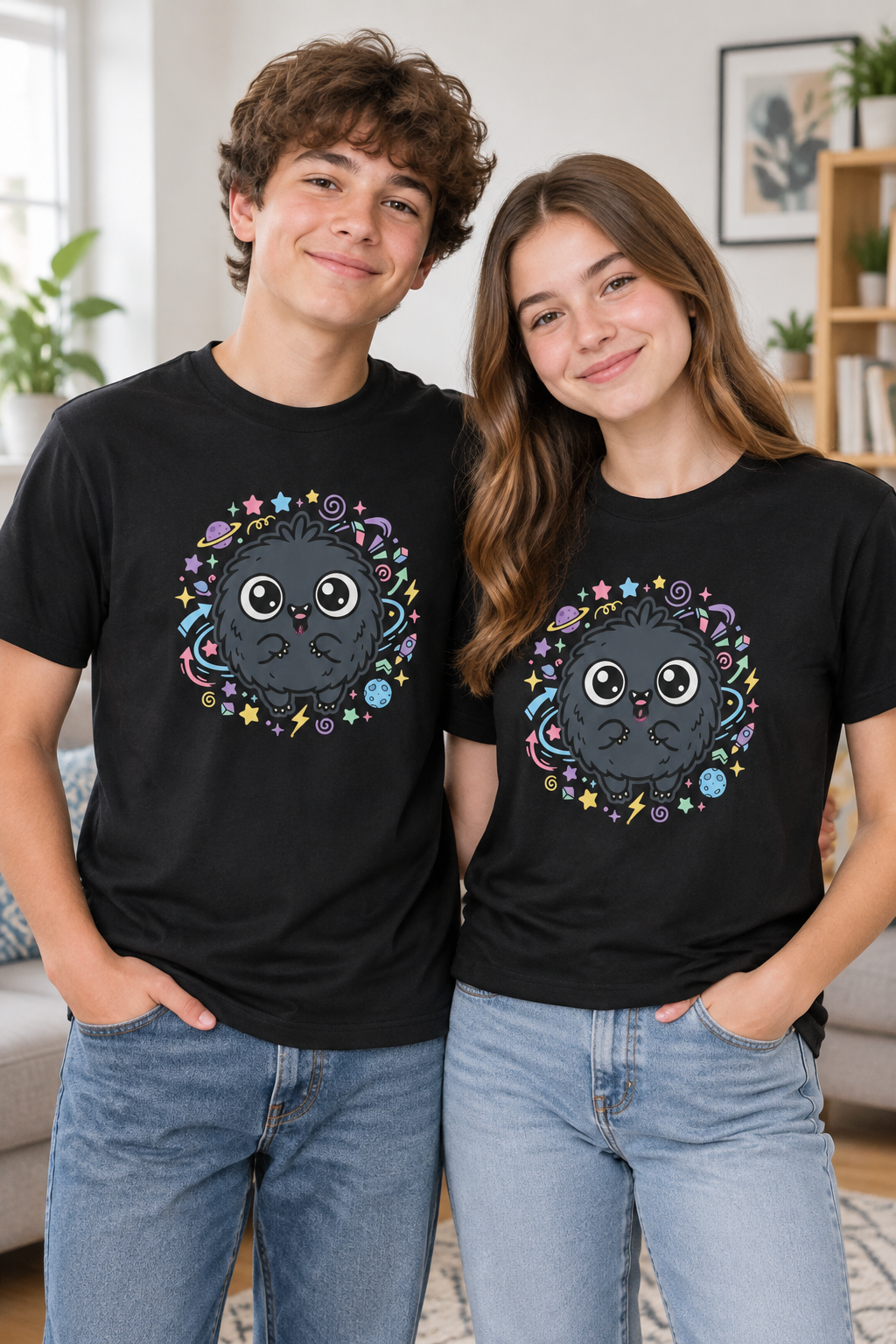 Youth Tee — Cute 'Space Explorer' Black Fluffy Alien Graphic