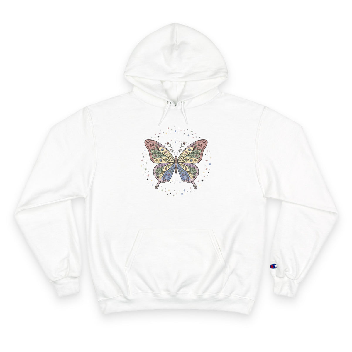 White Champion Hoodie with Colorful Butterfly Graphic — Vintage Floral Butterly Pullover
