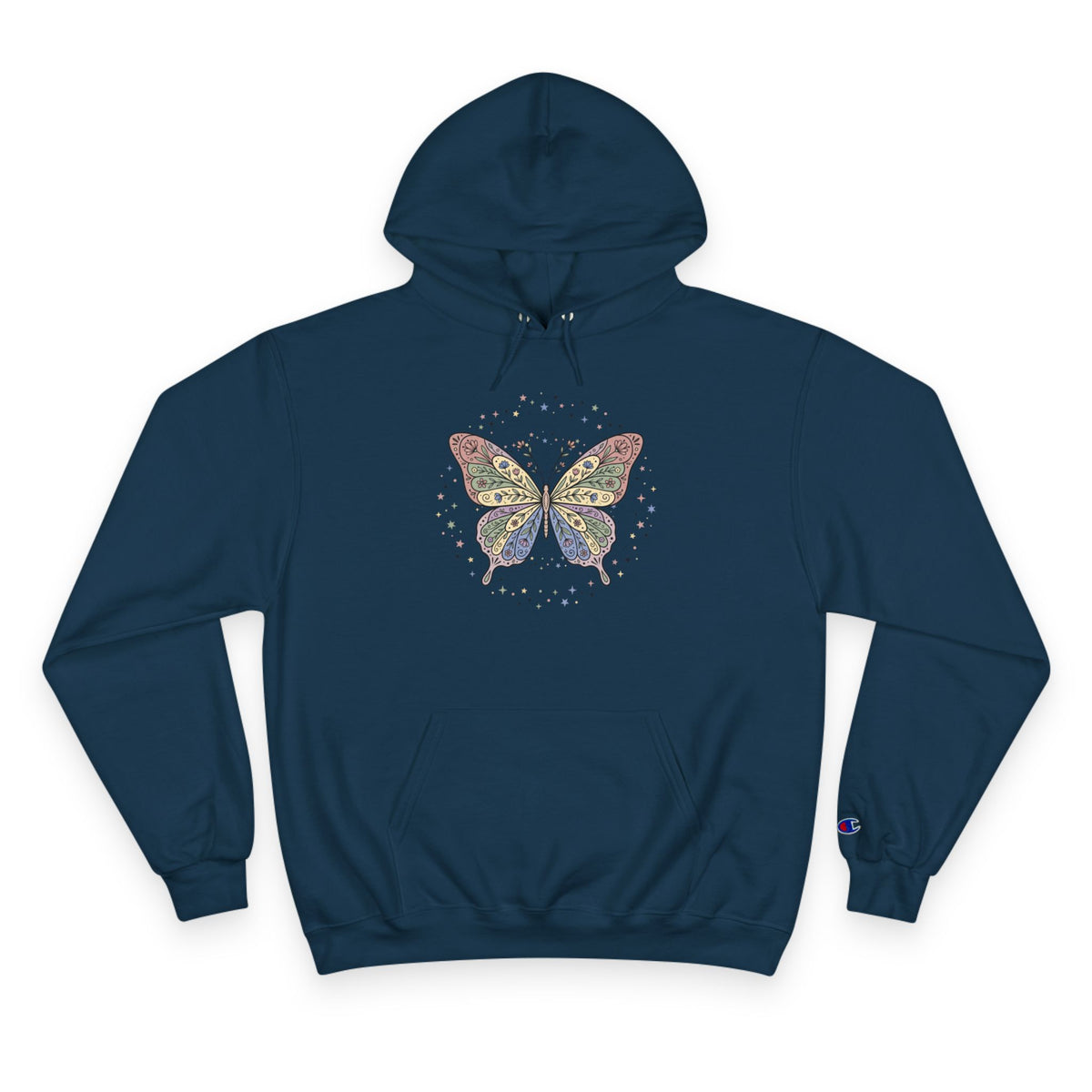 White Champion Hoodie with Colorful Butterfly Graphic — Vintage Floral Butterly Pullover