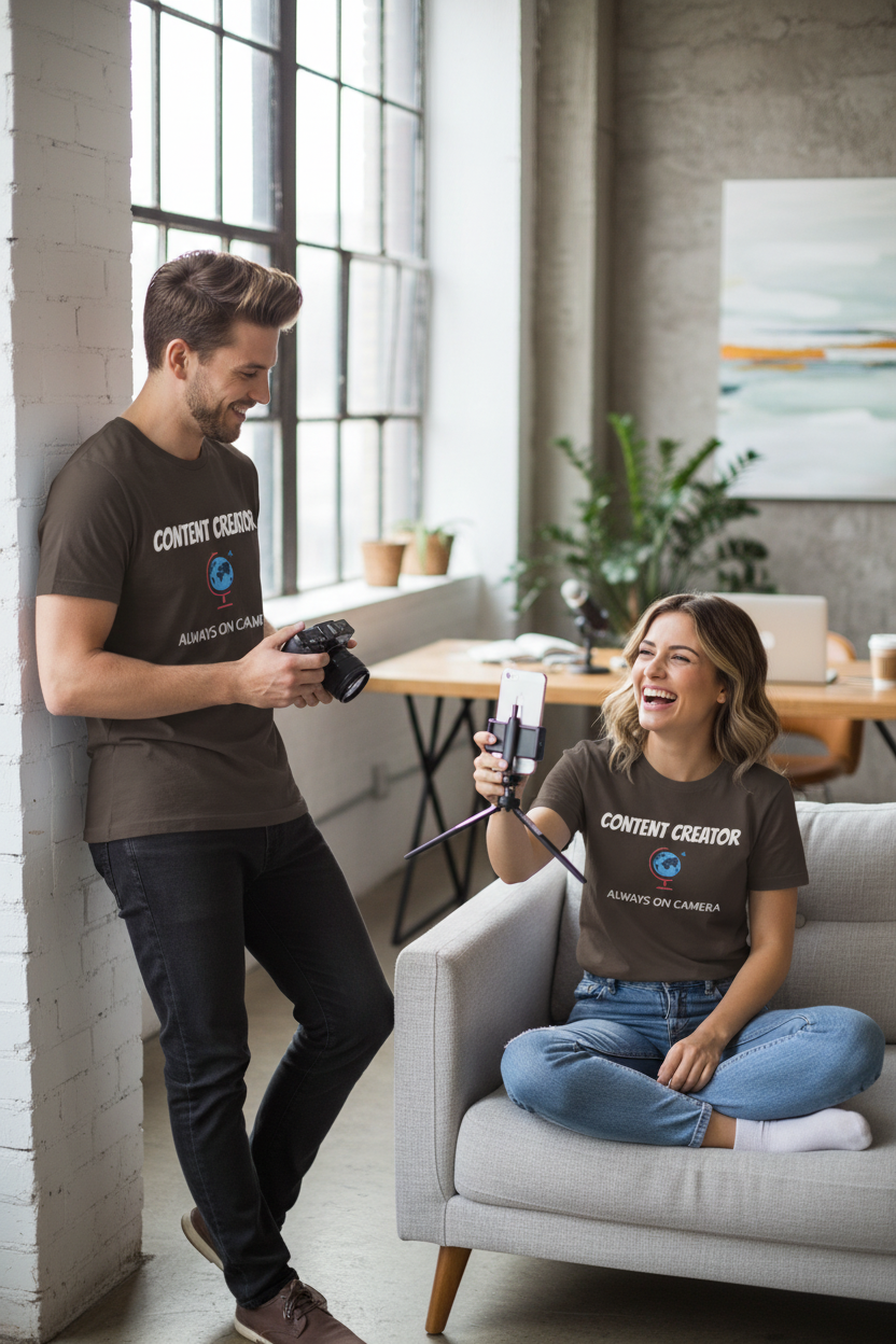 Content Creator Globe T‑Shirt – “Content Creator: Always On Camera” Graphic Tee