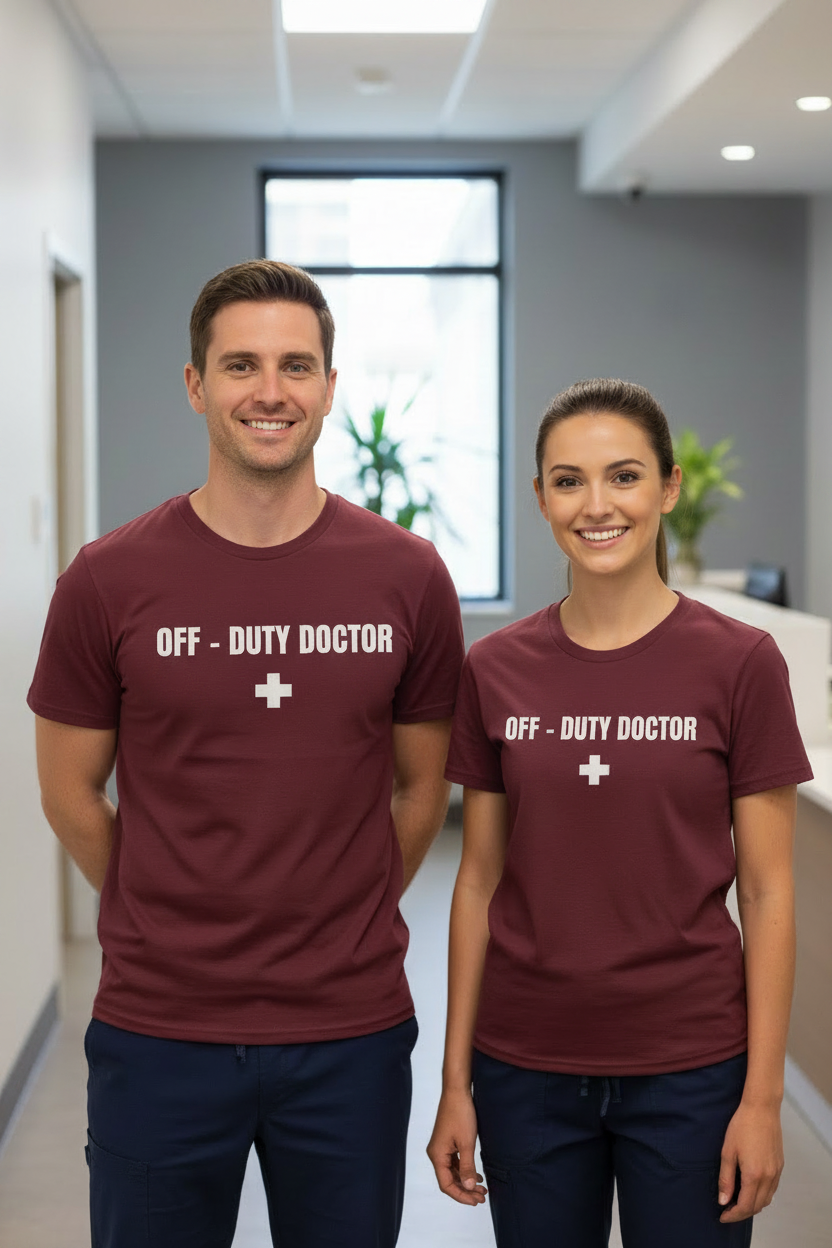 Off-Duty Doctor T-Shirt – Medical Humor Tee with Cross Logo