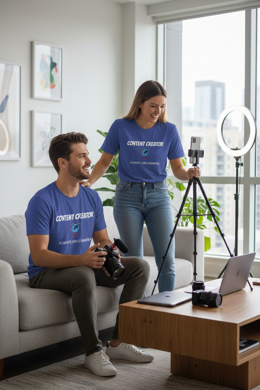 Content Creator Globe T‑Shirt – “Content Creator: Always On Camera” Graphic Tee