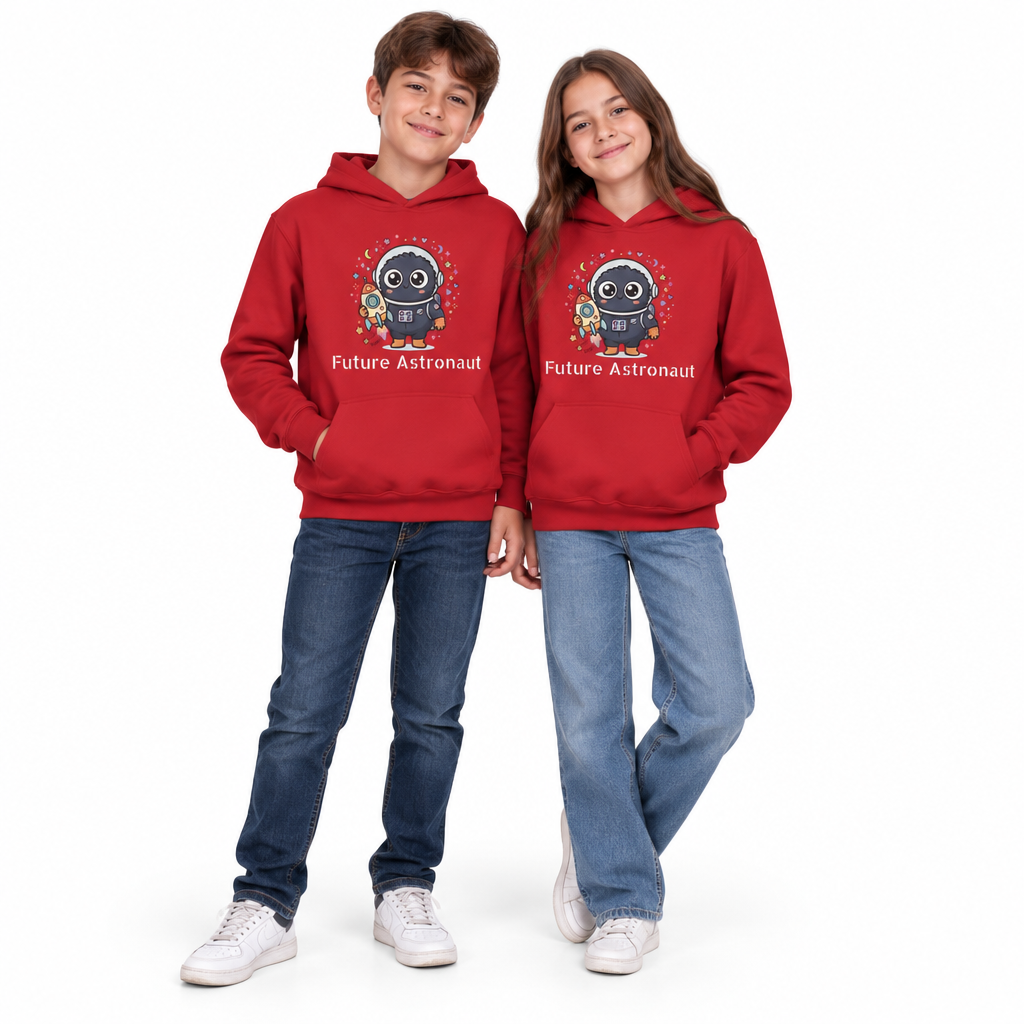 Kids Space Penguin Hoodie — Cute Astronaut Penguin with Rocket Graphic