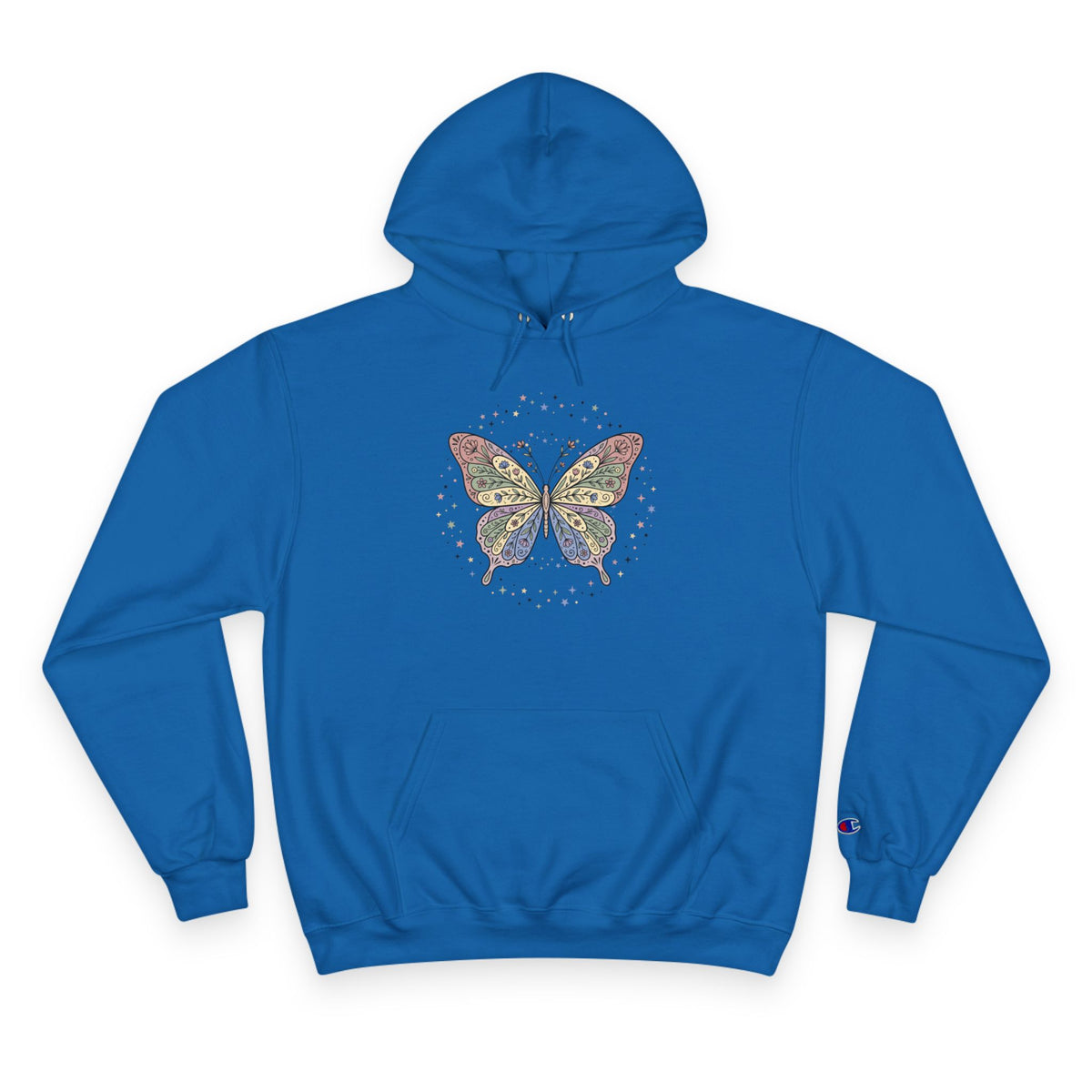 White Champion Hoodie with Colorful Butterfly Graphic — Vintage Floral Butterly Pullover