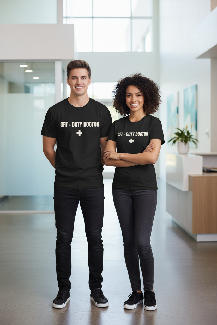 Off-Duty Doctor T-Shirt – Medical Humor Tee with Cross Logo